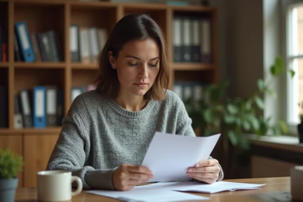 Femme consultant un document officiel à son bureau à domicile pour trouver une adresse administrative