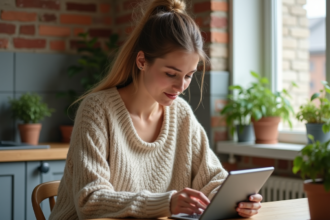 Jeune femme cherchant des annonces immobilières sur une tablette
