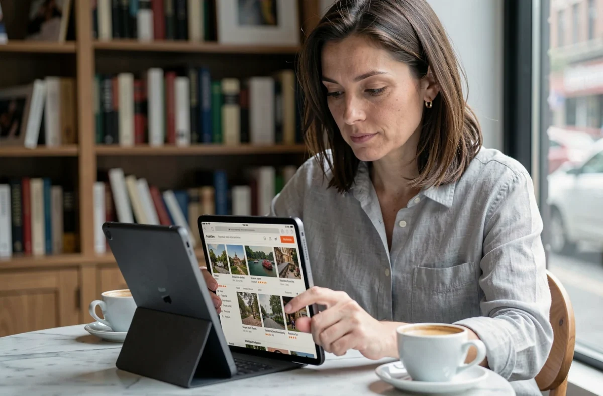 Femme consultant une annonce Delcampe sur tablette dans un café pour négocier avec un vendeur
