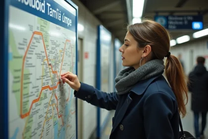 Femme étudie la carte du métro parisien dans la station