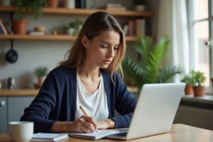 Femme assise à la cuisine avec ordinateur et notes