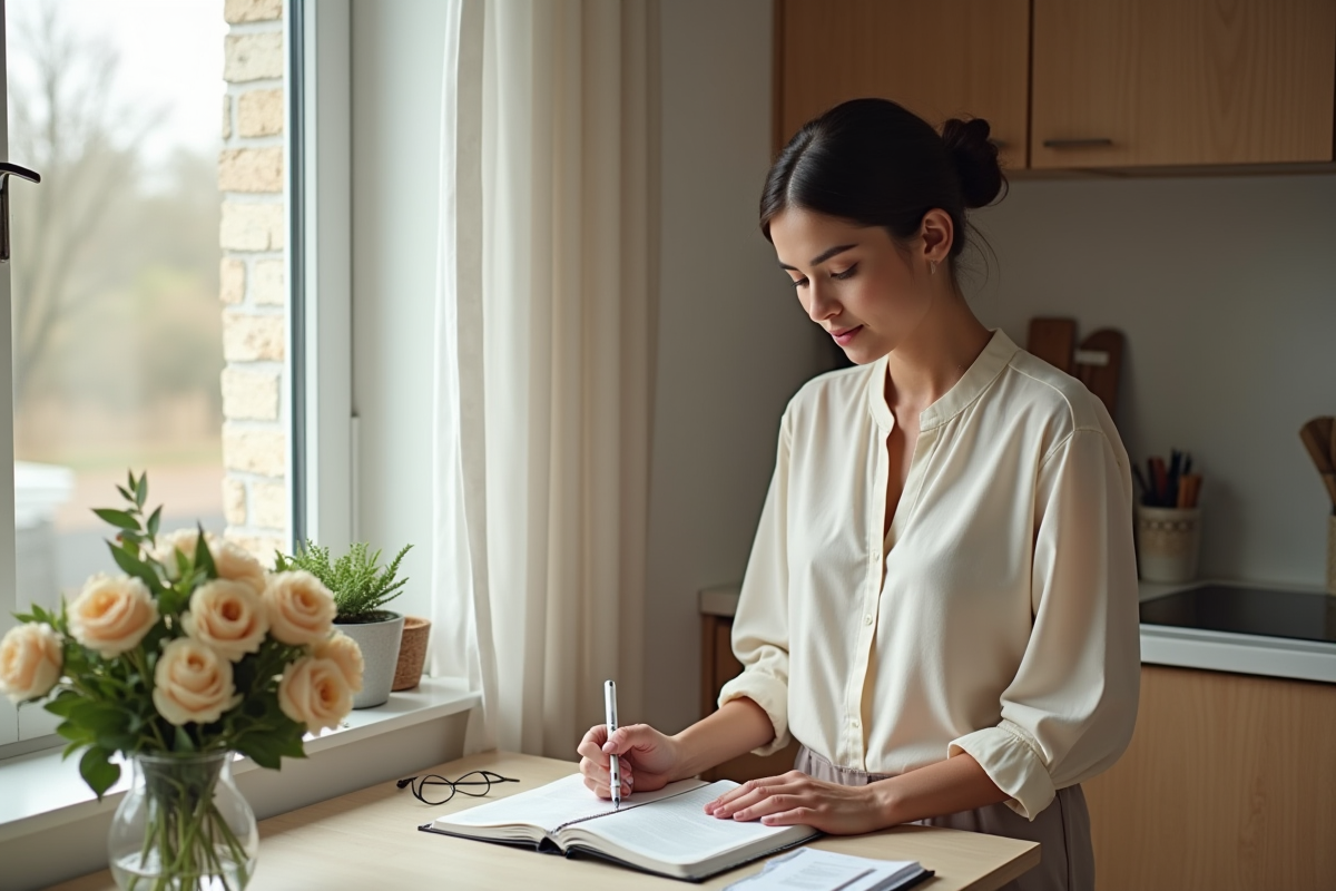 Jeune femme triant des factures dans une cuisine lumineuse