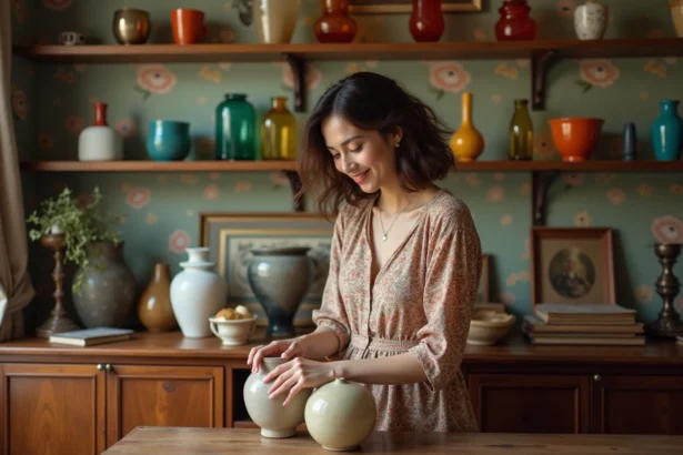 Femme vintage arrangeant des vases en céramique dans un salon chaleureux