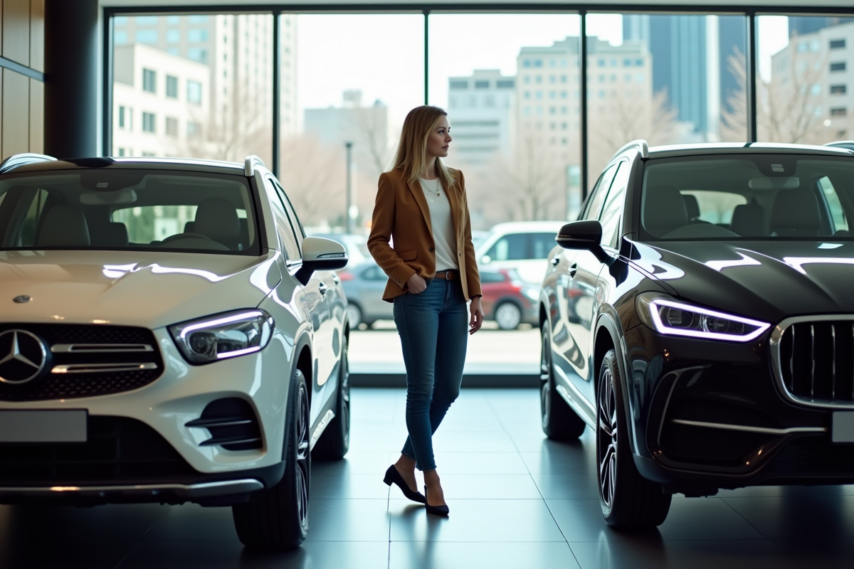 Femme regardant deux voitures dans un showroom urbain