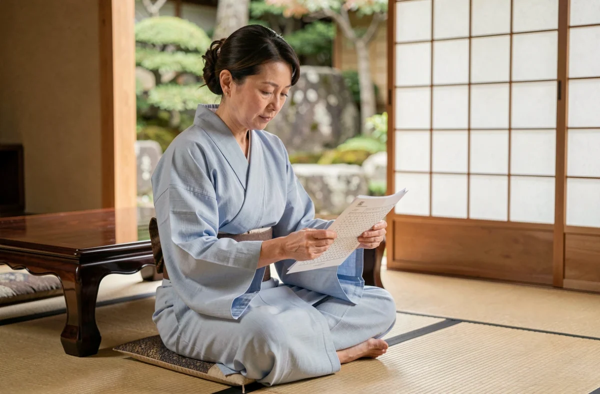 Femme japonaise en yukata résolvant des mots fléchés dans un ryokan traditionnel sur tatami
