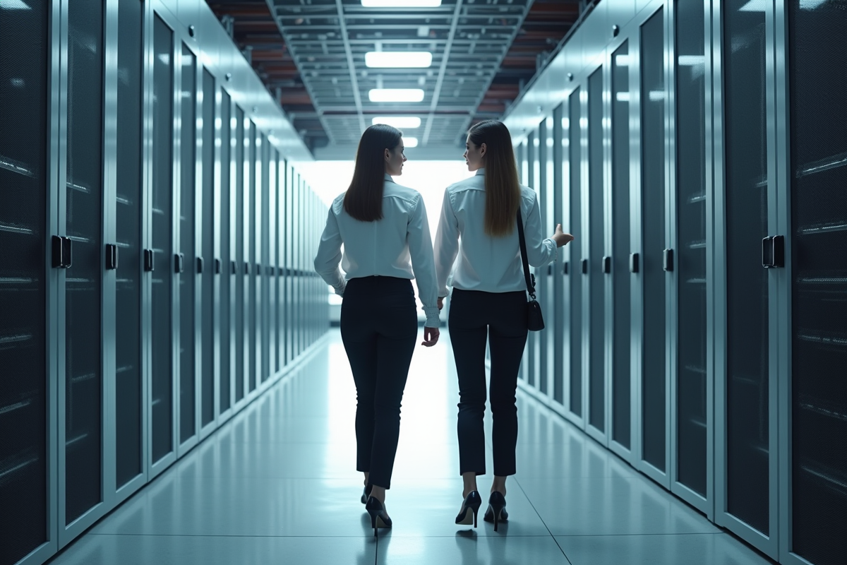 Deux femmes data scientists discutant dans un centre de données futuriste