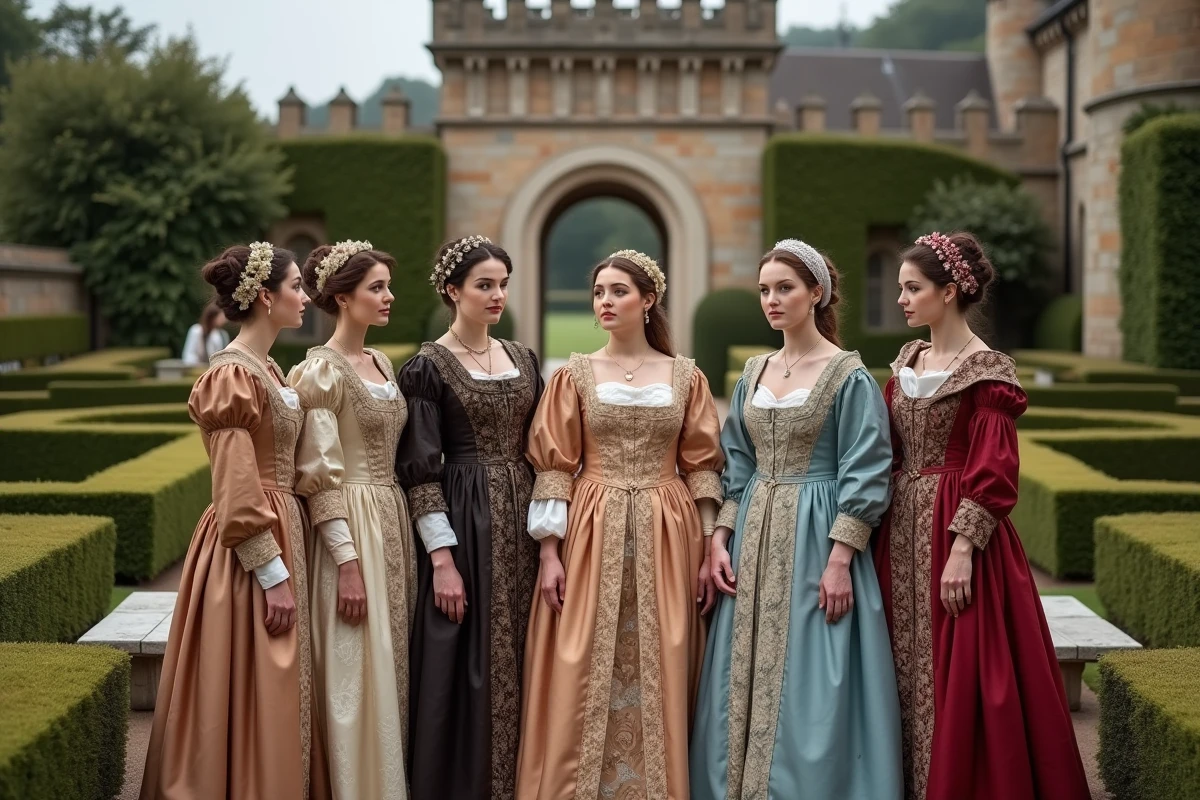 Groupe de femmes en robes Tudor dans un jardin royal