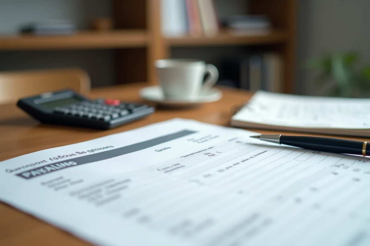Fiche de paie d'un élu municipal posée sur un bureau avec calculatrice et notes manuscrites sur le salaire net
