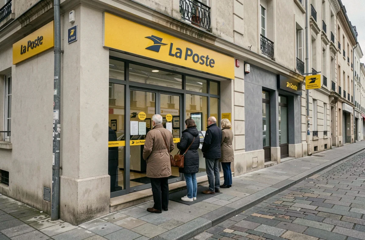 File d'attente devant un bureau de La Poste en France un matin de semaine