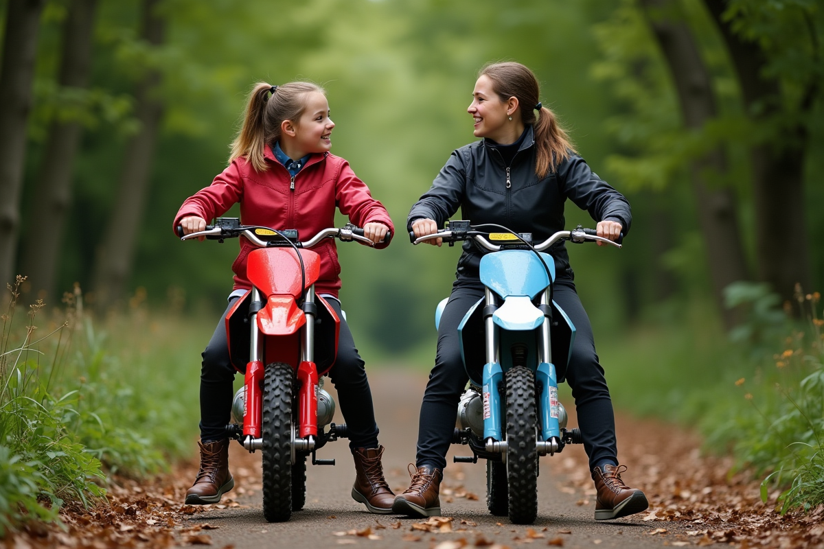 Fille et femme sur pit bikes dans un sentier forestier