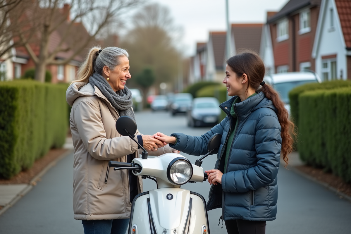 Fille souriante reçoit les clés d’un scooter dans la rue