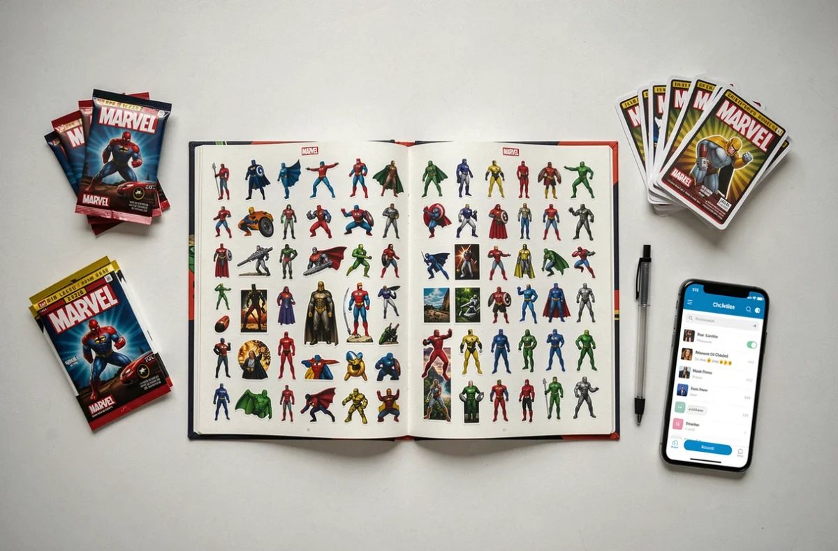 Vue à plat de l'album Marvel Leclerc 2026 ouvert entouré de pochettes et cartes en double sur un bureau blanc pour collectionneur débutant