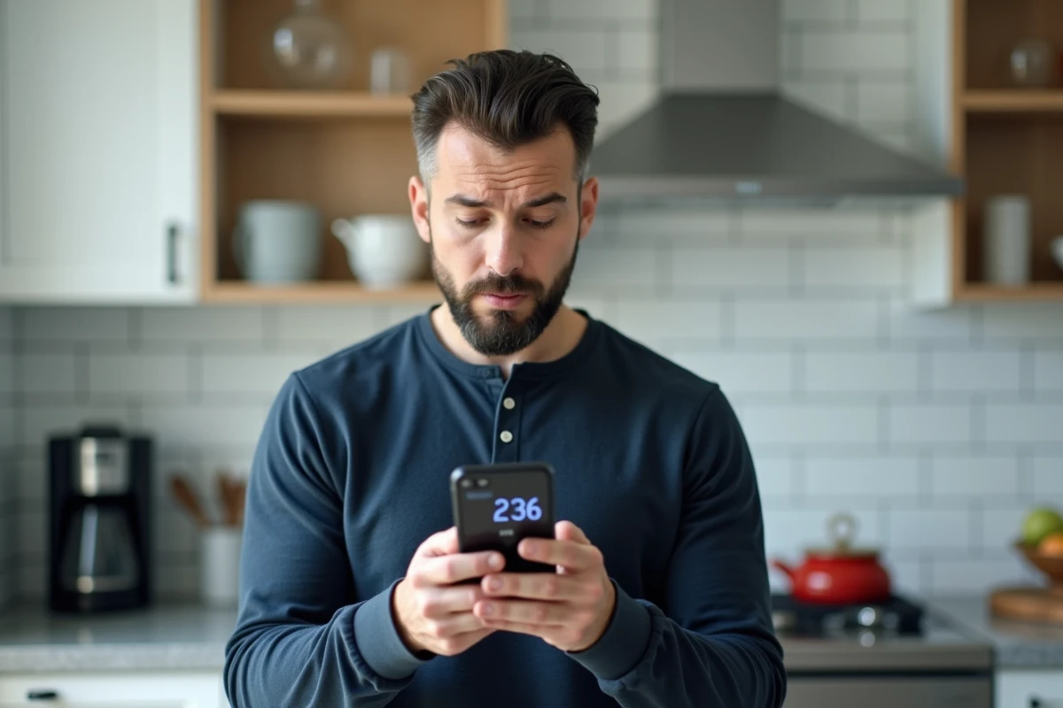 Homme consultant son smartphone affichant l'heure au format AM PM dans une cuisine moderne, symbolisant la confusion entre le format horaire anglais et français