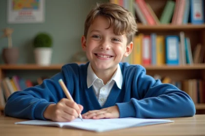 Garçon souriant écrivant en français dans une classe chaleureuse