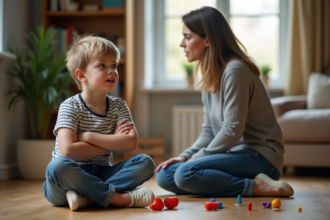 Garçon frustré de 7 ans assis par terre dans un salon