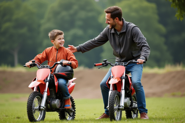 Garçon et père en gear motocross avec pit bikes dans un parc