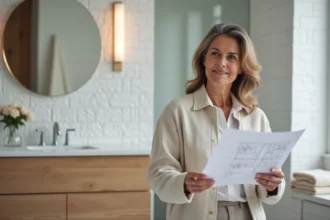 double lavabo dans une salle de bains moderne avec espace de rangement