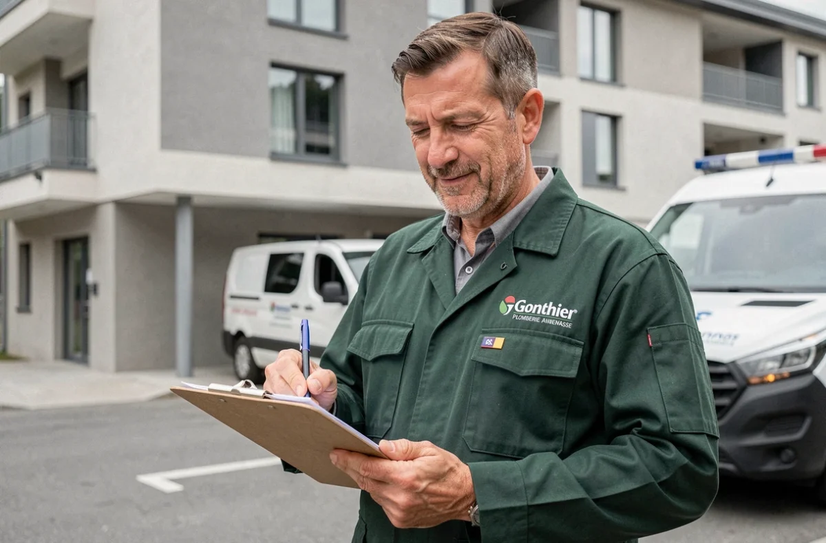 Plombier Gonthier Plomberie rédigeant un rapport d'intervention devant un immeuble à Annemasse