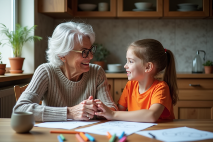 Grand-mere souriante avec petite fille dessinant à la maison