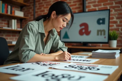 Graphiste en studio comparant des spécimens typographiques serif et sans-serif pour une identité visuelle