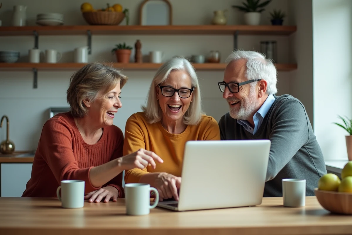 Groupe d'adultes dans la cinquantaine partageant leurs expériences sur une plateforme de rencontre autour d'un ordinateur portable