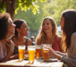 Groupe de femmes souriantes au café en plein air