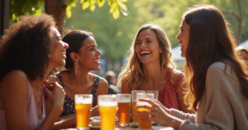 Groupe de femmes souriantes au café en plein air