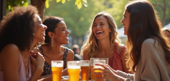 Groupe de femmes souriantes au café en plein air