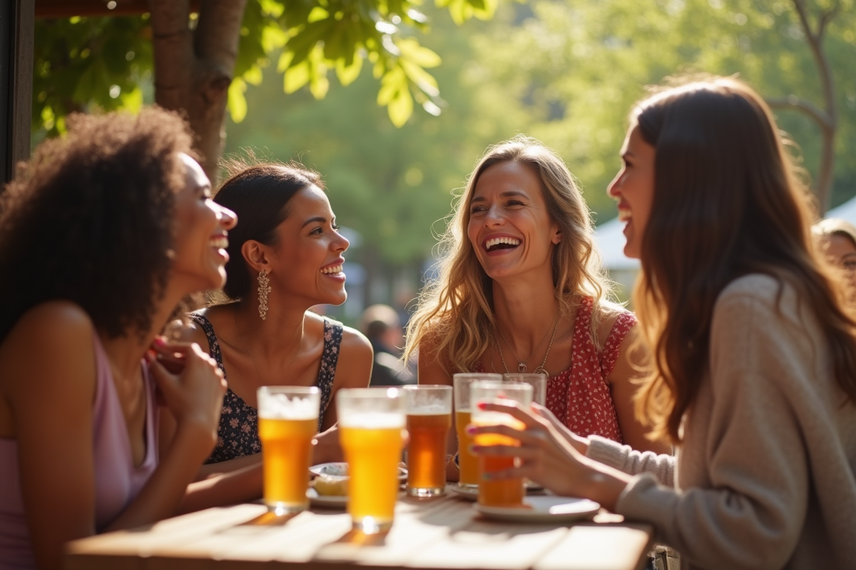 Groupe de femmes souriantes au café en plein air