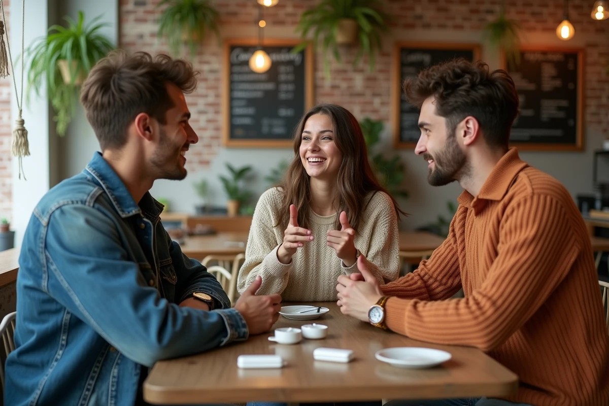 Groupe de jeunes de la génération Z en discussion animée dans un café branché, tenues streetwear et ambiance détendue