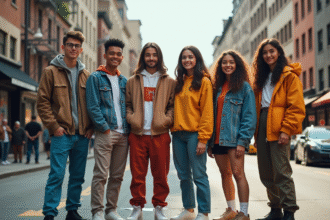 Groupe de jeunes en streetwear dans une rue urbaine ensoleillee