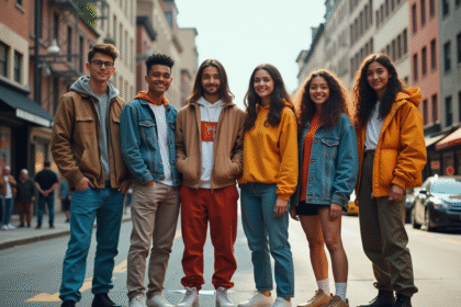 Groupe de jeunes en streetwear dans une rue urbaine ensoleillee