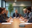Groupe de personnes diverses discutant de documents juridiques