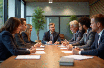 Groupe de personnes diverses discutant de documents juridiques