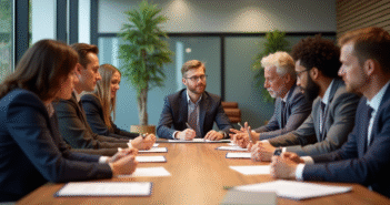 Groupe de personnes diverses discutant de documents juridiques