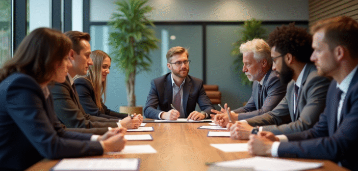 Groupe de personnes diverses discutant de documents juridiques