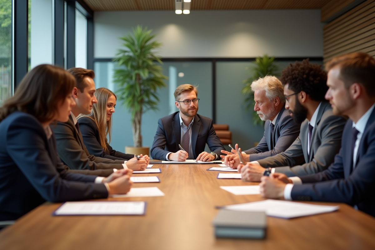Groupe de personnes diverses discutant de documents juridiques
