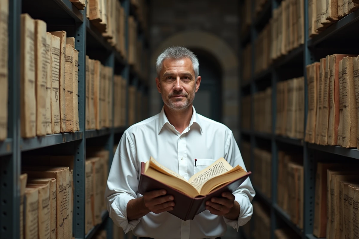Historien du droit consultant un manuscrit juridique ancien dans une salle d'archives professionnelle remplie de classeurs et documents historiques