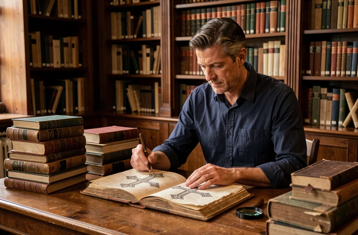 Historien examinant un manuscrit ancien illustrant des croix templières dans une bibliothèque universitaire