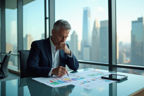 Homme d'affaires analysant des graphiques financiers dans un bureau moderne