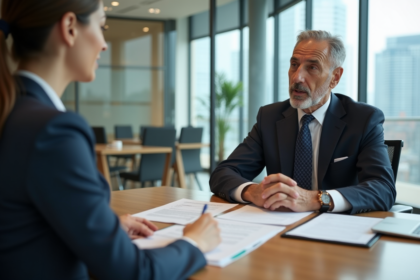 Homme d'affaires et banquière discutant d'un prêt immobilier
