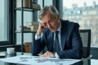 Homme d'affaires français concentré devant une carte du monde