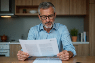 Homme d'affaires lisant un document dans une cuisine moderne