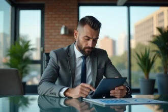 Homme d'affaires en costume gris travaillant sur une tablette dans un bureau moderne