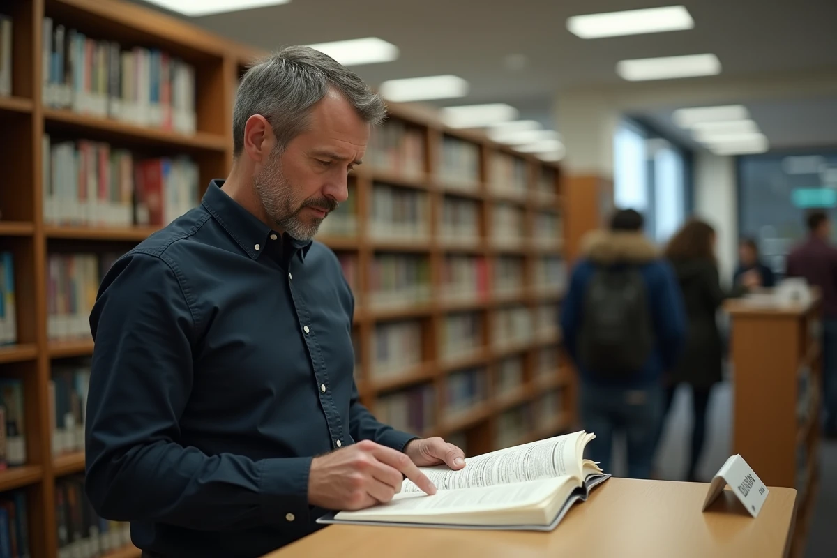 Homme consultant un annuaire imprimé dans une bibliothèque publique pour trouver une adresse officielle