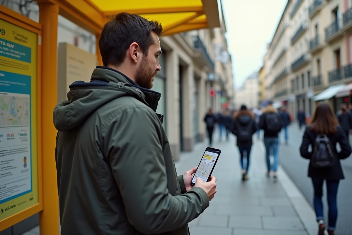 Homme consultant l'application TCL à un arrêt de bus lyonnais lors de perturbations de métro