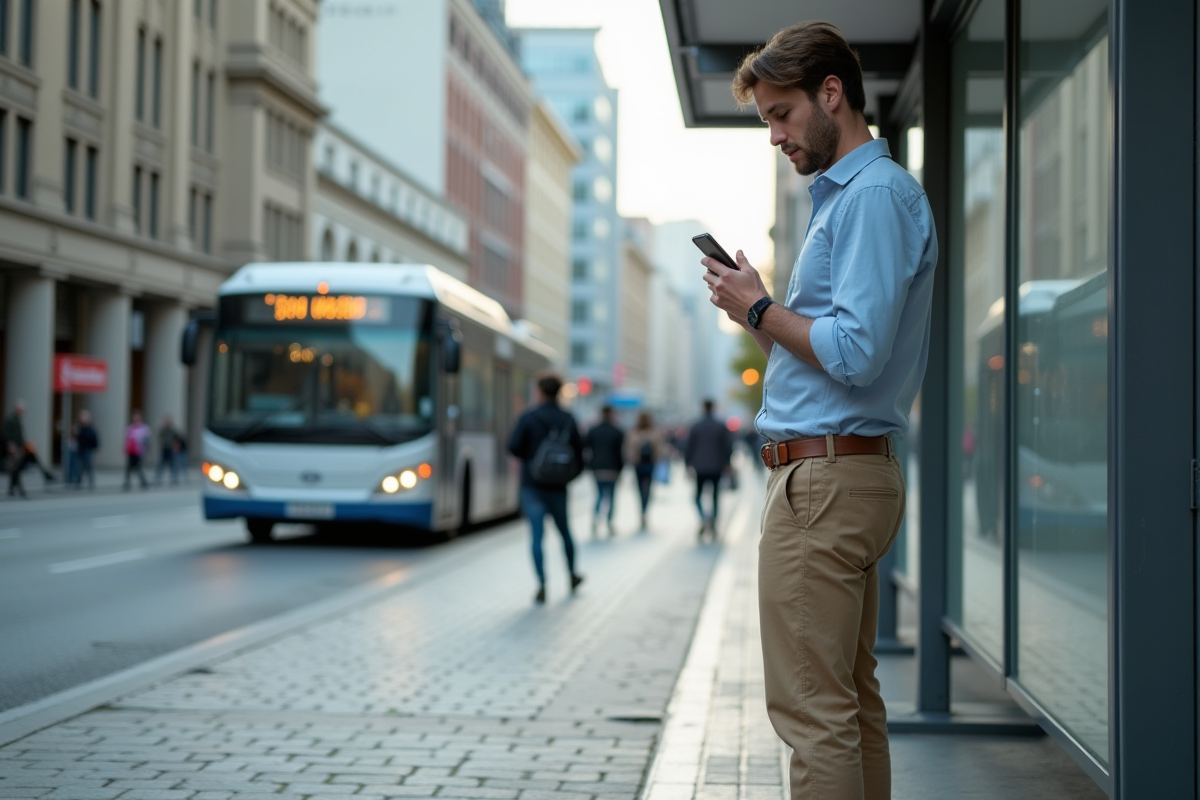 Jeune homme attendant au arrêt de bus en ville