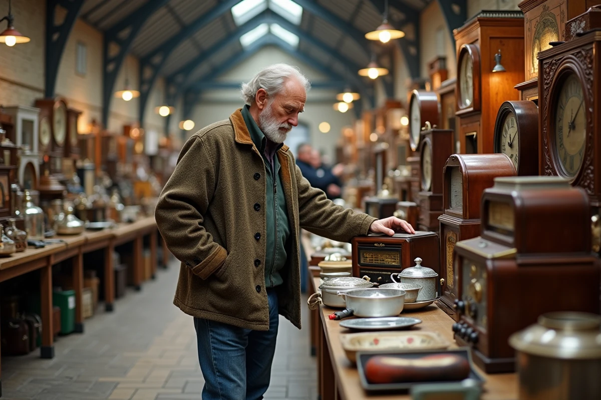 Homme examinant une radio vintage dans un marché aux puces animé