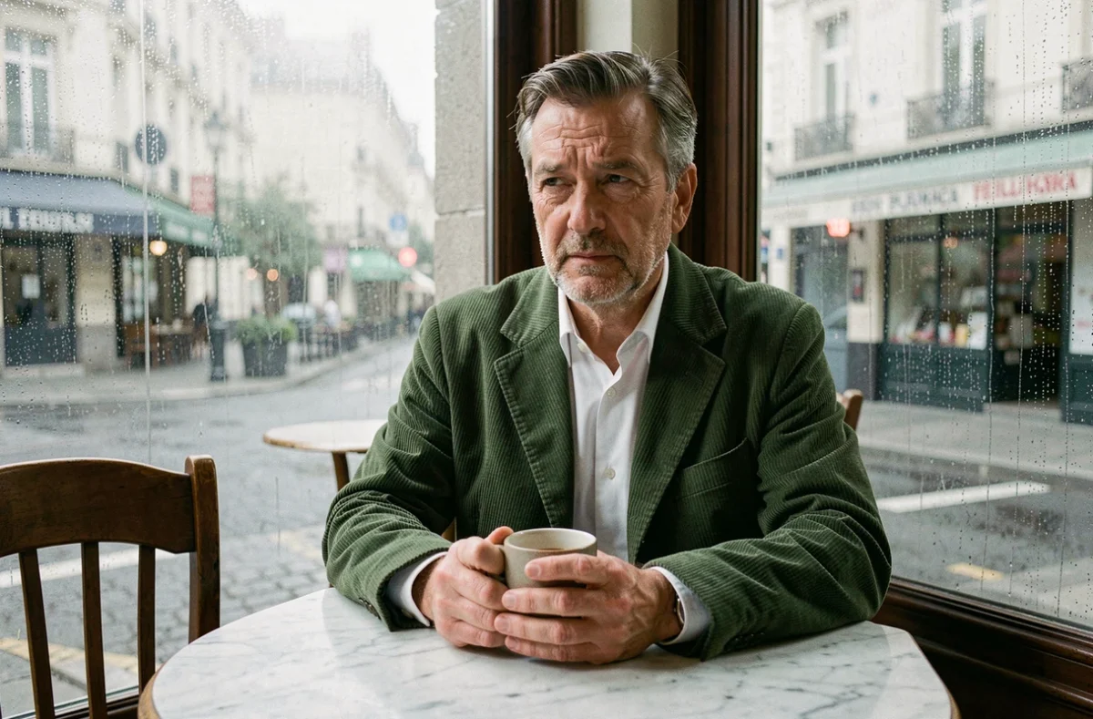 Homme seul dans un café parisien tenant un café, regard méditatif tourné vers la fenêtre sous la pluie