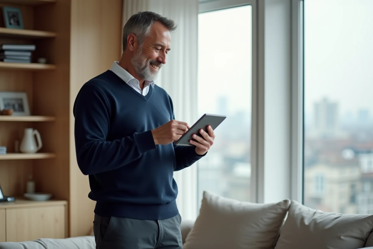Homme quinquagénaire consultant des témoignages d'utilisateurs sur une tablette dans un appartement moderne